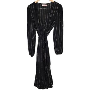 Traffic People Black Striped Long‎ Sleeve Wrap Midi Dress Size L